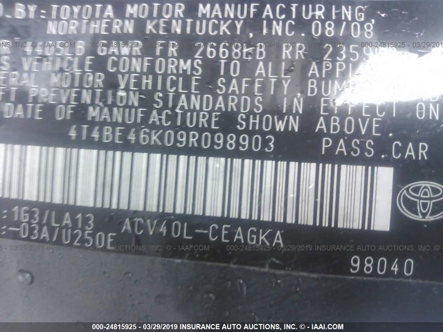 4T4BE46K09R098903 - 2009 TOYOTA CAMRY SE/LE/XLE GRAY photo 9