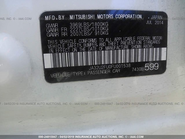 JA32U2FU0FU001538 - 2015 MITSUBISHI LANCER ES WHITE photo 9