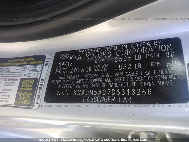 KNADM5A37D6313266 - 2013 KIA RIO LX GRAY photo 9