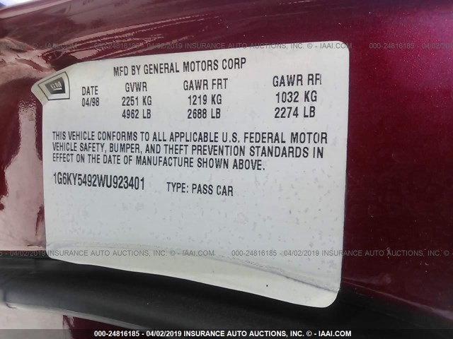 1G6KY5492WU923401 - 1998 CADILLAC SEVILLE STS RED photo 9