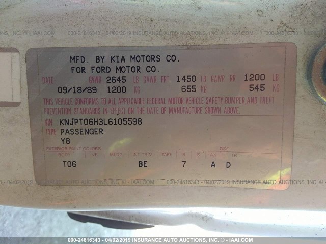 KNJPT06H3L6105598 - 1990 FORD FESTIVA L PLUS WHITE photo 9