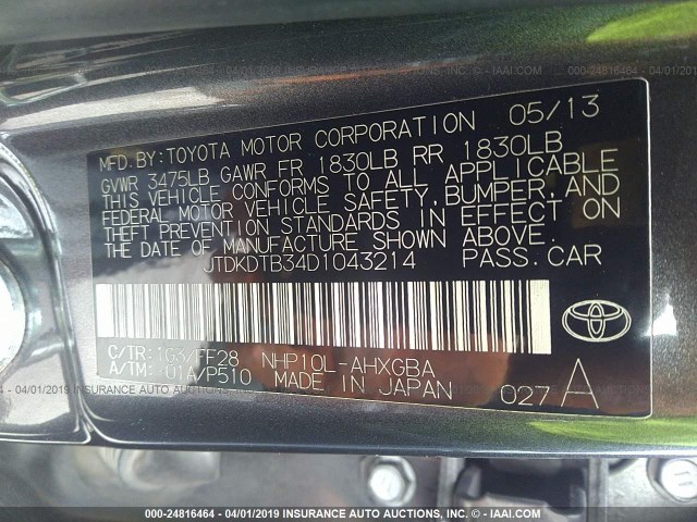 JTDKDTB34D1043214 - 2013 TOYOTA PRIUS C GRAY photo 9