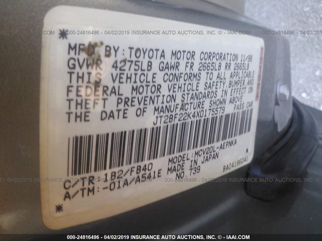 JT2BF22K4X0175579 - 1999 TOYOTA CAMRY LE/XLE Champagne photo 9