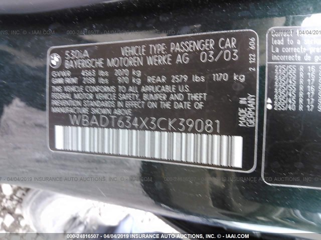 WBADT634X3CK39081 - 2003 BMW 530 I AUTOMATIC GREEN photo 9
