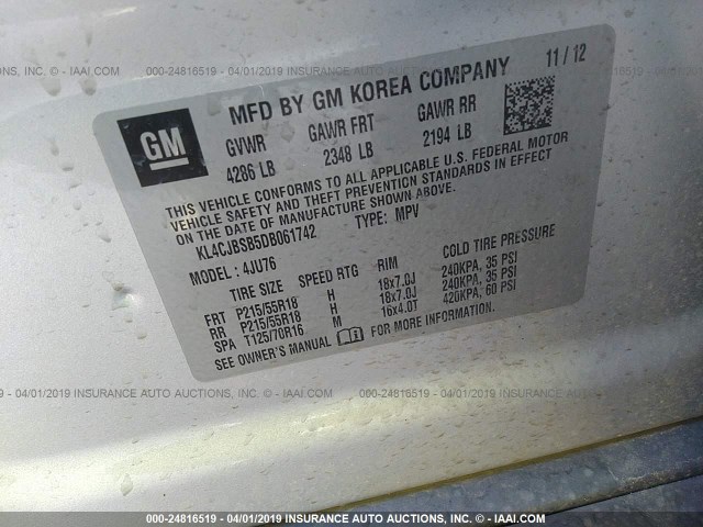 KL4CJBSB5DB061742 - 2013 BUICK ENCORE CONVENIENCE SILVER photo 9