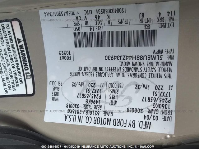 5LMEU88H44ZJ34930 - 2004 LINCOLN AVIATOR Qızıl foto 9