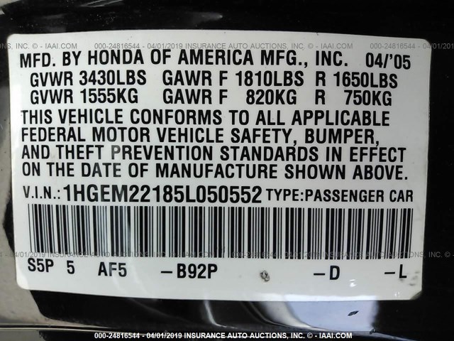 1HGEM22185L050552 - 2005 HONDA CIVIC DX VP Qara foto 9