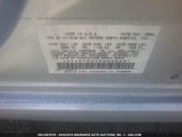 4A3AB76S45E030397 - 2005 MITSUBISHI GALANT GTS GRAY photo 9