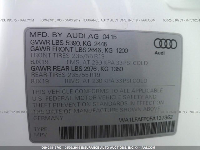 WA1LFAFP0FA137362 - 2015 AUDI Q5 PREMIUM PLUS WHITE photo 9