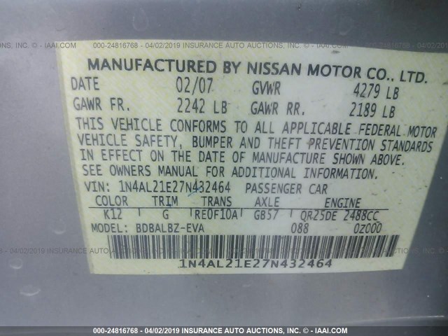 1N4AL21E27N432464 - 2007 NISSAN ALTIMA 2.5/2.5S SILVER photo 9