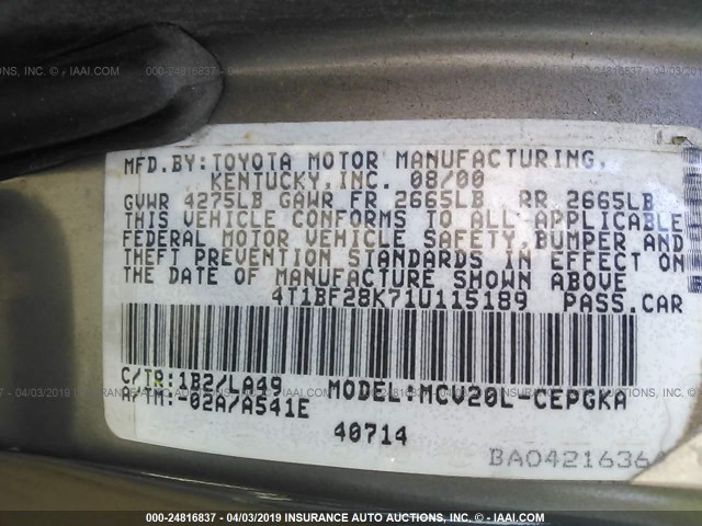 4T1BF28K71U115189 - 2001 TOYOTA CAMRY LE/XLE 灰色 照片 9