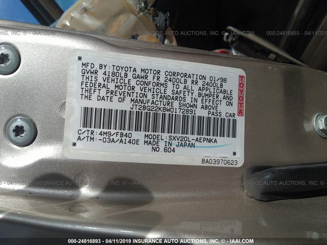 JT2BG22K8W0172891 - 1998 TOYOTA CAMRY CE/LE/XLE GOLD photo 9