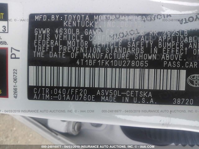4T1BF1FK1DU278065 - 2013 TOYOTA CAMRY L/SE/LE/XLE 白色 照片 9