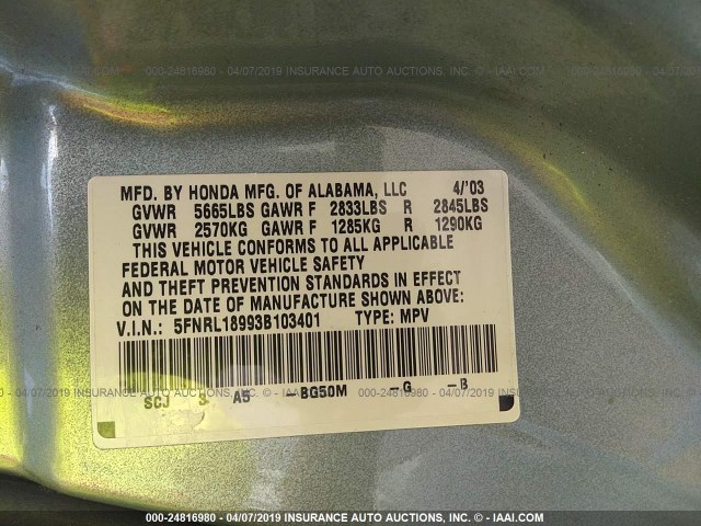 5FNRL18993B103401 - 2003 HONDA ODYSSEY EXL BLUE photo 9