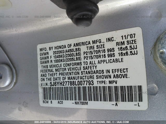 5J6YH27788L007793 - 2008 HONDA ELEMENT EX SILVER photo 9