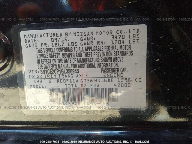 3N1CE2CP1GL356945 - 2016 NISSAN VERSA NOTE S/S PLUS/SV/SL/SR BLACK photo 9