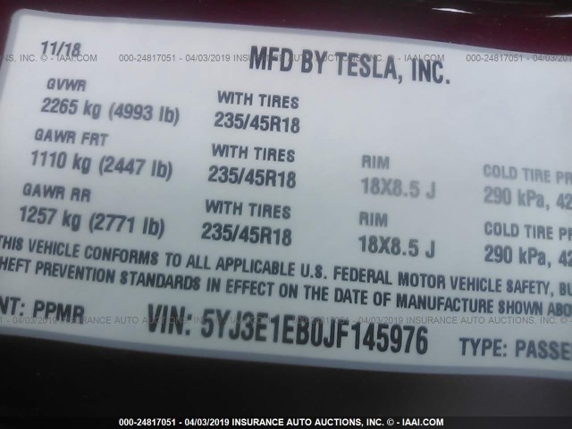 5YJ3E1EB0JF145976 - 2018 TESLA MODEL 3 RED photo 9