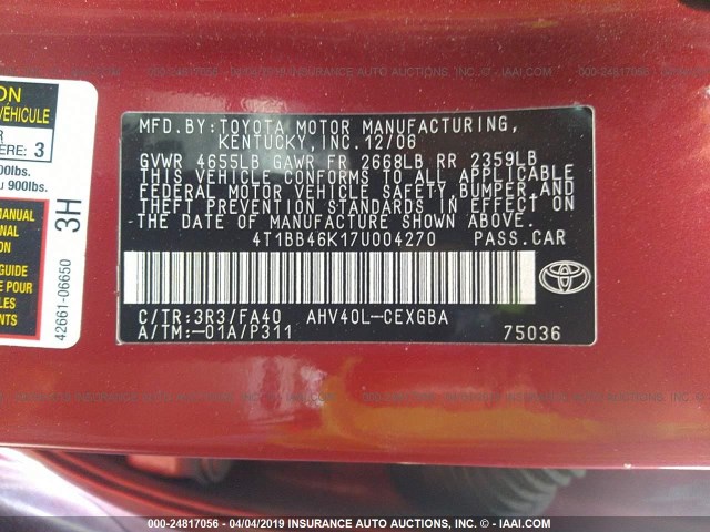 4T1BB46K17U004270 - 2007 TOYOTA CAMRY NEW GENERAT HYBRID RED photo 9