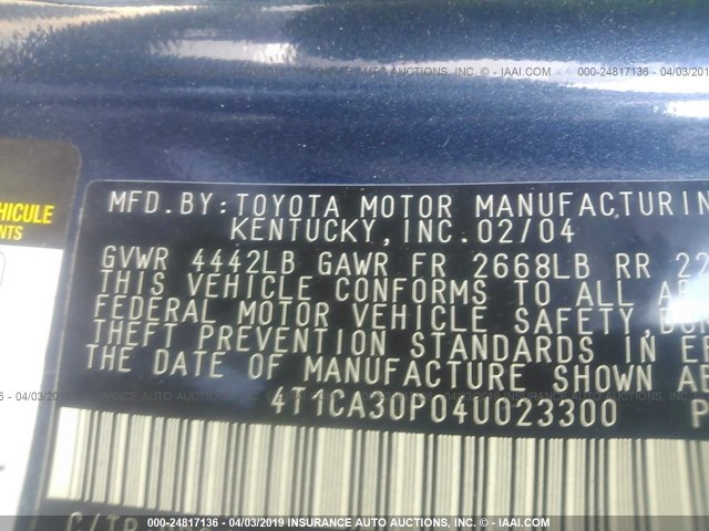 4T1CA30P04U023300 - 2004 TOYOTA CAMRY SOLARA SE/SLE BLUE photo 9