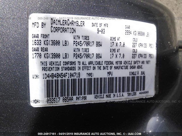 1D4HB48N54F104719 - 2004 DODGE DURANGO SLT GRAY photo 9