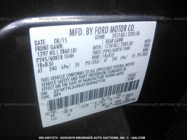 2FMTK3G92FBB92778 - 2015 FORD EDGE SE GRAY photo 9