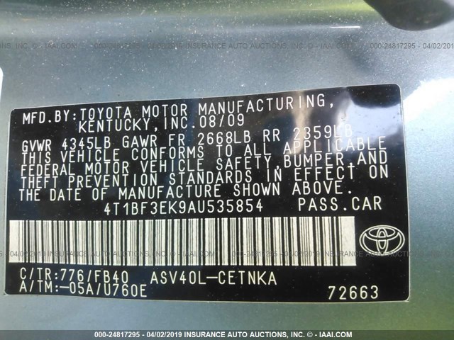 4T1BF3EK9AU535854 - 2010 TOYOTA CAMRY SE/LE/XLE BLUE photo 9