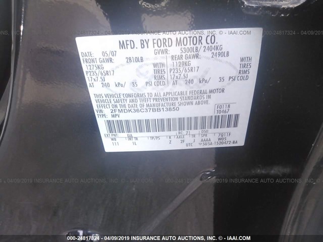 2FMDK36C37BB13850 - 2007 FORD EDGE SE BLACK photo 9