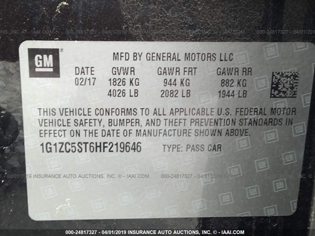 1G1ZC5ST6HF219646 - 2017 CHEVROLET MALIBU LS BLACK photo 9