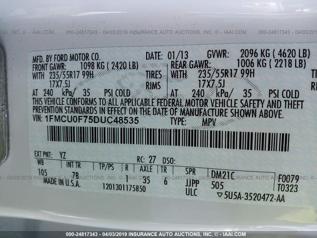 1FMCU0F75DUC48535 - 2013 FORD ESCAPE S WHITE photo 9