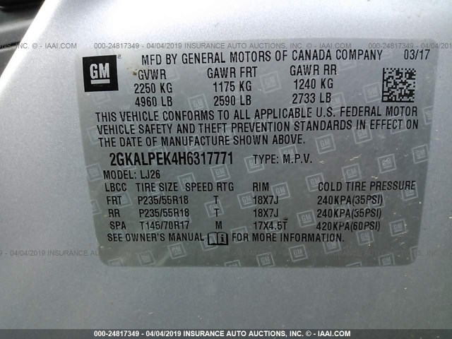 2GKALPEK4H6317771 - 2017 GMC TERRAIN SLT 银色 照片 9