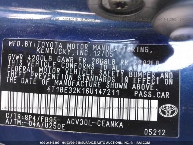 4T1BE32K16U147211 - 2006 TOYOTA CAMRY LE/XLE/SE BLUE photo 9