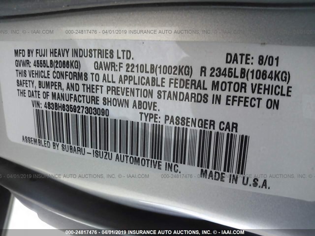 4S3BH635927303090 - 2002 SUBARU LEGACY L SILVER photo 9