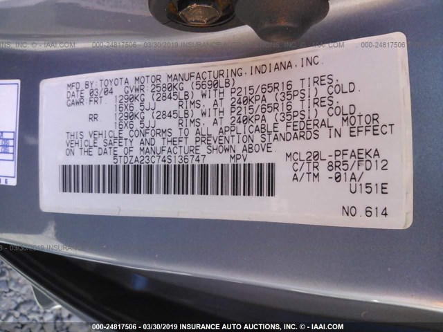 5TDZA23C74S136747 - 2004 TOYOTA SIENNA CE/LE GRAY photo 9