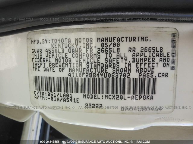 4T1BF28B4YU083702 - 2000 TOYOTA AVALON XL/XLS WHITE photo 9