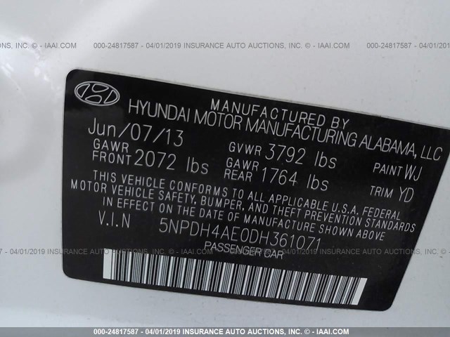 5NPDH4AE0DH361071 - 2013 HYUNDAI ELANTRA GLS/LIMITED WHITE photo 9