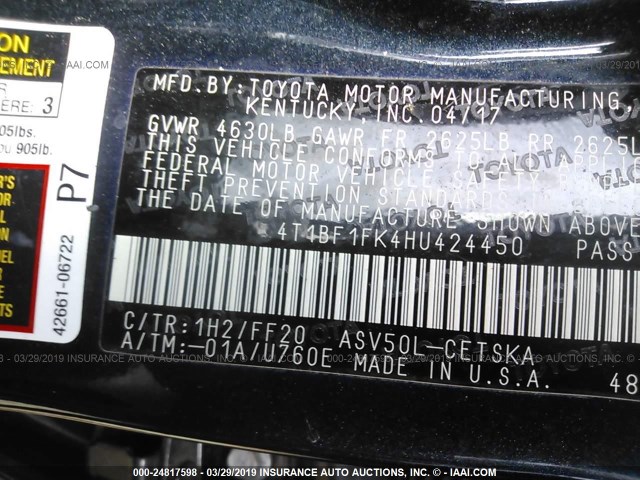 4T1BF1FK4HU424450 - 2017 TOYOTA CAMRY LE/XLE/SE/XSE BLACK photo 9
