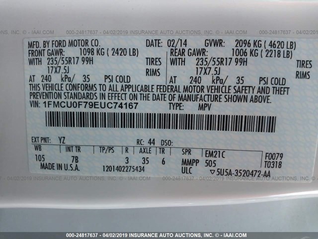 1FMCU0F79EUC74167 - 2014 FORD ESCAPE S WHITE photo 9