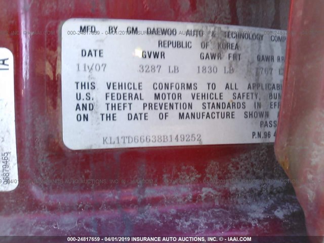 KL1TD66638B149252 - 2008 CHEVROLET AVEO LS RED photo 9