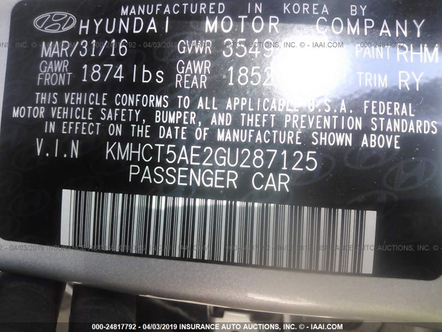 KMHCT5AE2GU287125 - 2016 HYUNDAI ACCENT SE SILVER photo 9