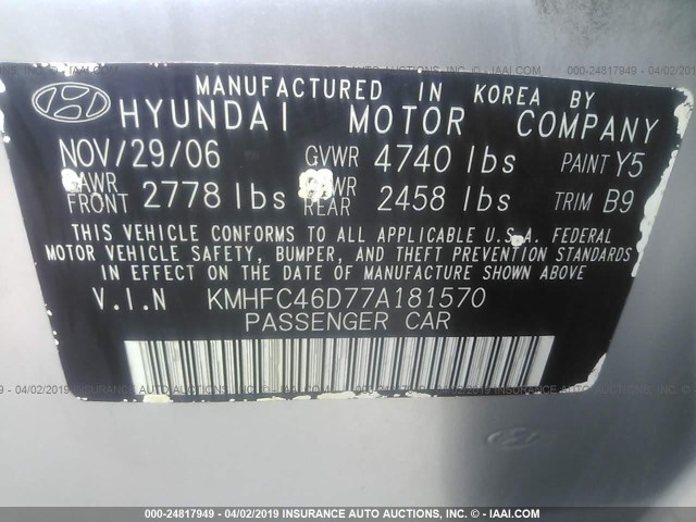 KMHFC46D77A181570 - 2007 HYUNDAI AZERA GLS SILVER photo 9