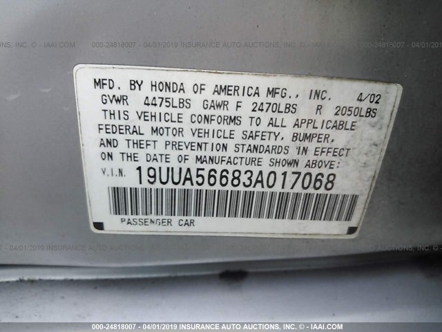 19UUA56683A017068 - 2003 ACURA 3.2TL SILVER photo 9