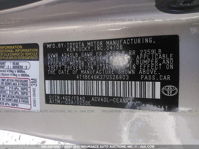 4T1BE46K27U526803 - 2007 TOYOTA CAMRY NEW GENERAT CE/LE/XLE/SE TAN photo 9