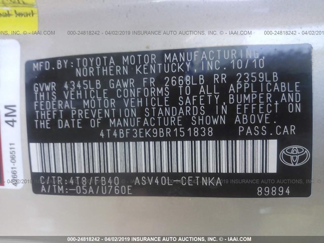 4T4BF3EK9BR151838 - 2011 TOYOTA CAMRY SE/LE/XLE TAN photo 9