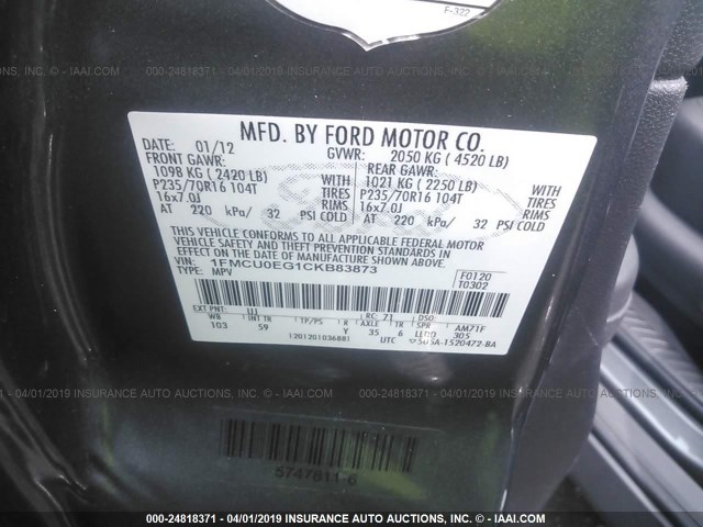 1FMCU0EG1CKB83873 - 2012 FORD ESCAPE LIMITED GRAY photo 9