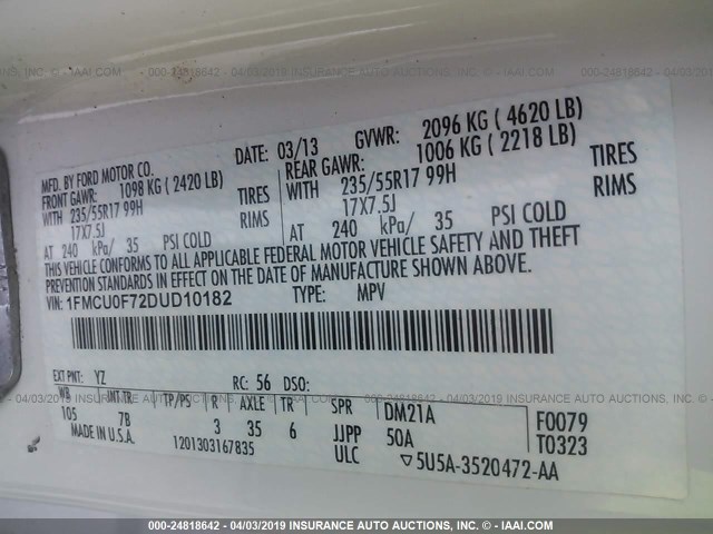 1FMCU0F72DUD10182 - 2013 FORD ESCAPE S WHITE photo 9