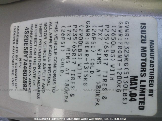 4S2DE58Y744602892 - 2004 ISUZU AXIOM XS Bej foto 9