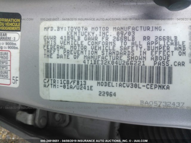 4T1BE32K04U266221 - 2004 TOYOTA CAMRY LE/XLE/SE SILVER photo 9