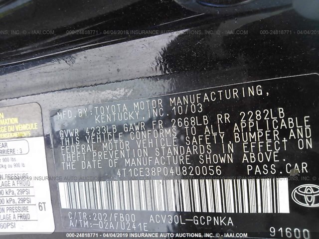 4T1CE38P04U820056 - 2004 TOYOTA CAMRY SOLARA SE/SLE შავი ფოტო 9