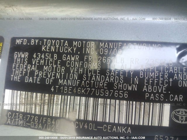 4T1BE46K77U597656 - 2007 TOYOTA CAMRY NEW GENERAT CE/LE/XLE/SE GREEN photo 9