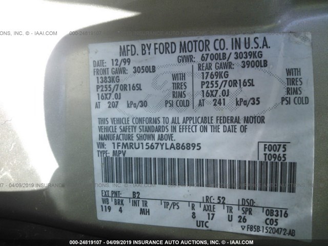1FMRU1567YLA86895 - 2000 FORD EXPEDITION XLT GOLD photo 9